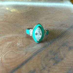 Vintage unmarked marquis and turquoise enamel cocktail Ring size 8